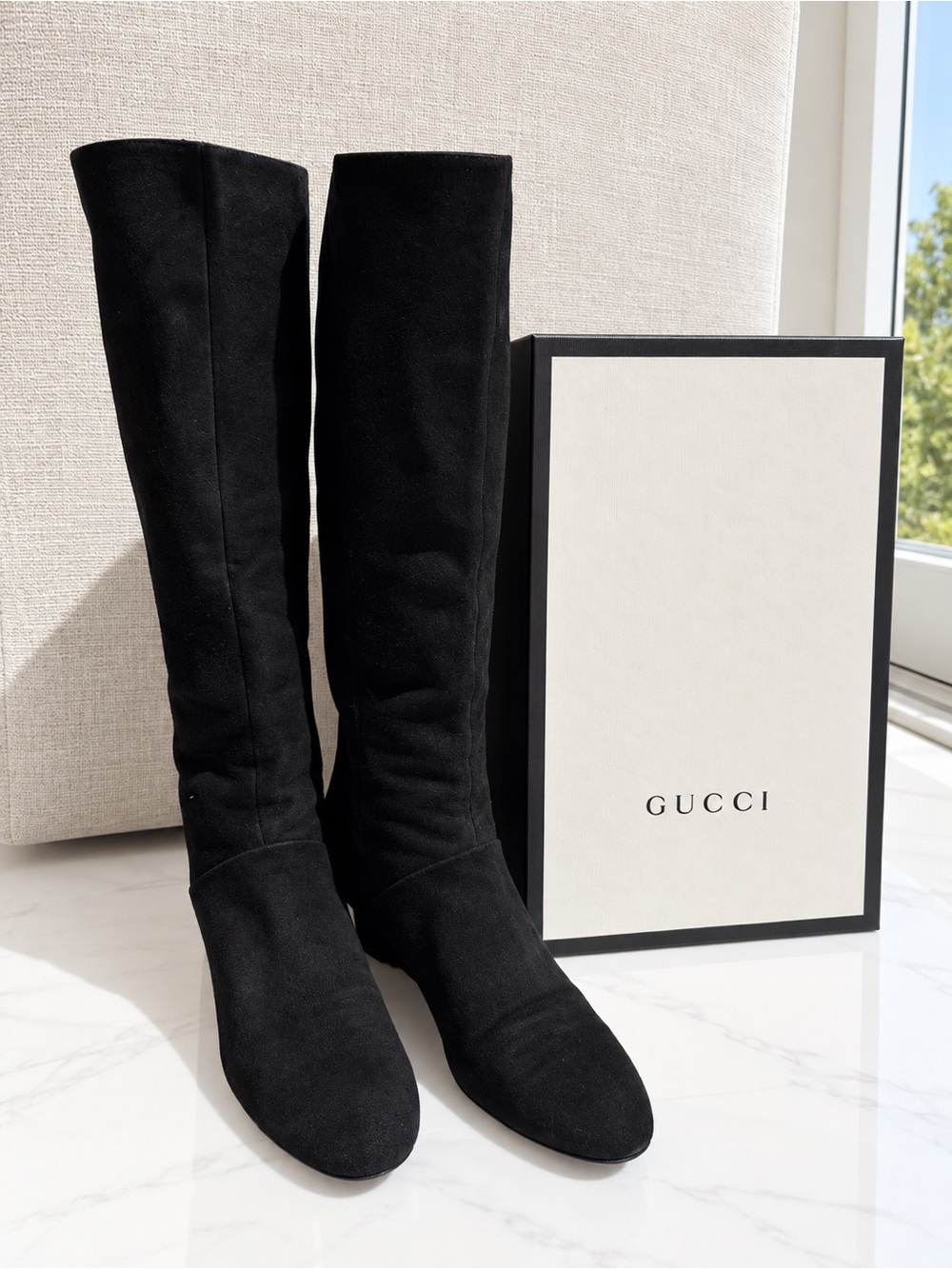 Gucci Black Suede Interlocking GG Knee-High Wedge Boots size 8.5 - Picture 3 of 8